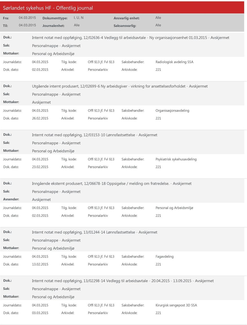 2015 Arkivdel: Personalarkiv Arkivkode: 221 tgående internt produsert, 12/026