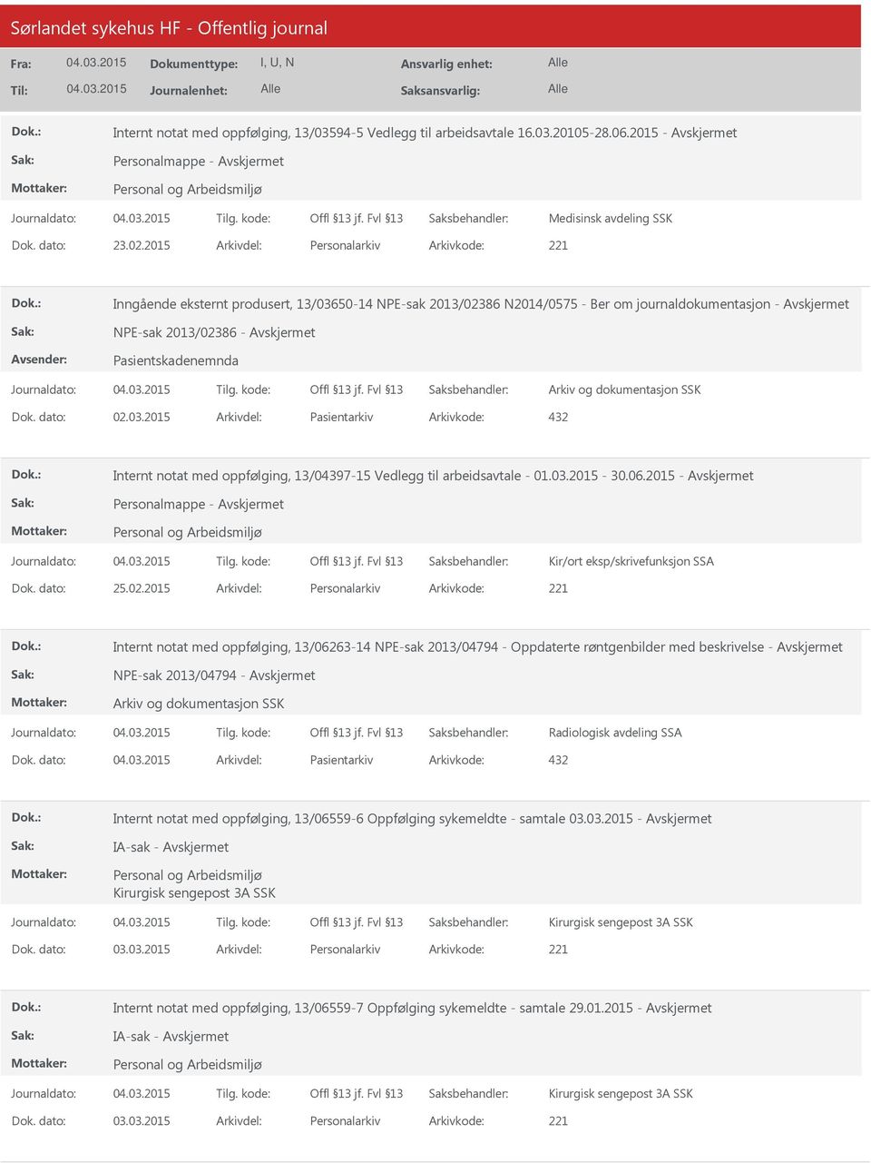 dato: 02.03.2015 Arkivdel: Pasientarkiv Arkivkode: 432 Internt notat med oppfølging, 13/04397-15 Vedlegg til arbeidsavtale - 01.03.2015-30.06.