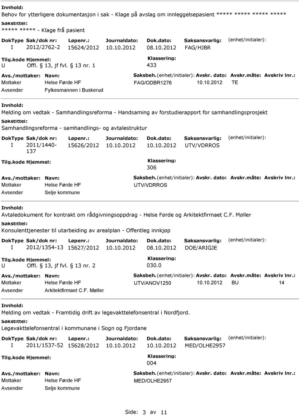 : 15626/2012 TV/VDRROS 306 TV/VDRROS Selje kommune nnhold: Avtaledokument for kontrakt om rådgivningsoppdrag - Helse Fø