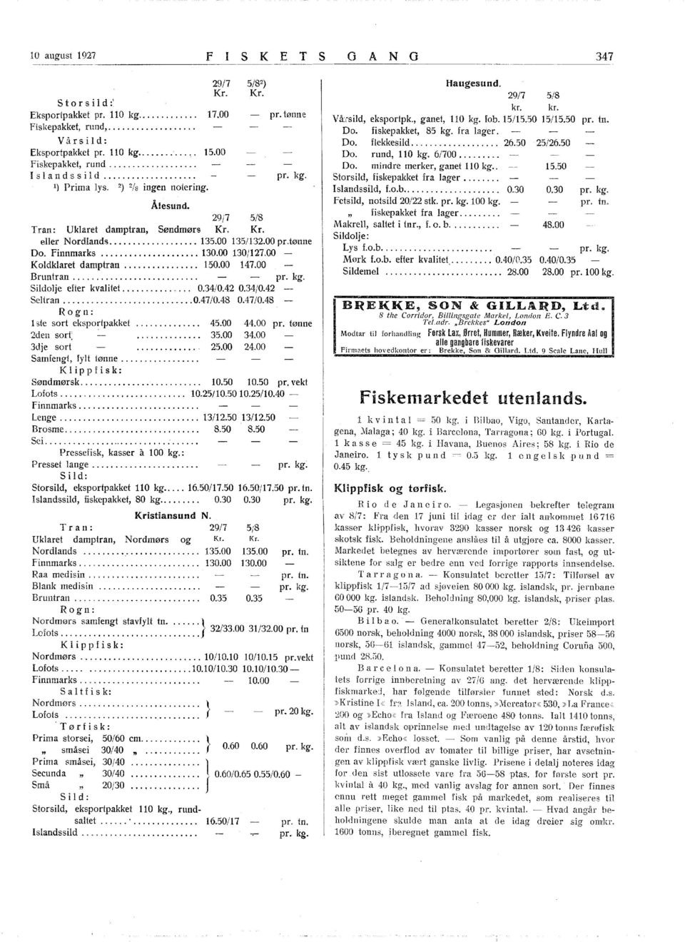 00 30/27.00 Koldklaret damptran... 50.00 47.00 Bruntran........................... Sildolje efter kvalitet... "... 0.34/0.42 0.34/0.42 Seltran... 0.47/0.48 0.47/0.48 Rogn: ste sort eksportpakket... 45.