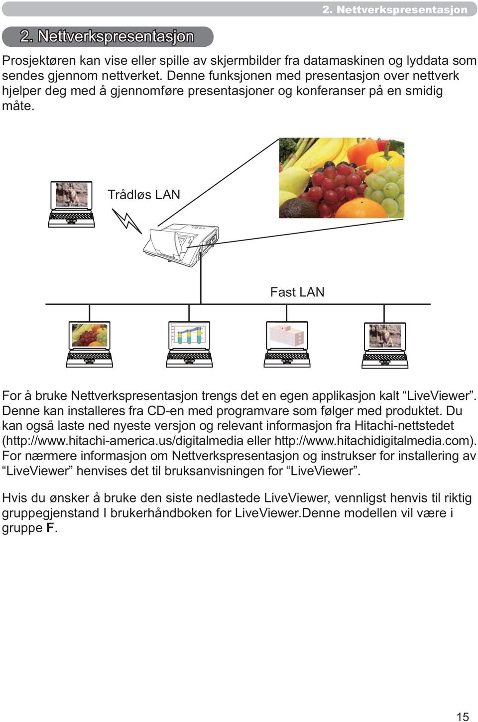 Trådløs LAN Fast LAN For å bruke Nettverkspresentasjon trengs det en egen applikasjon kalt LiveViewer. Denne kan installeres fra CD-en med programvare som følger med produktet.