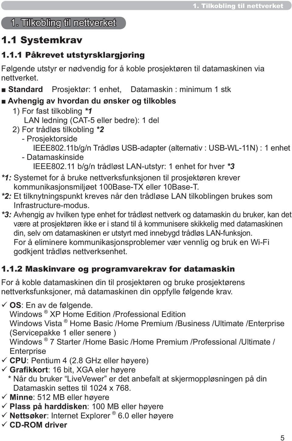 Prosjektorside IEEE802.11b/g/n Trådløs USB-adapter (alternativ : USB-WL-11N) : 1 enhet - Datamaskinside IEEE802.