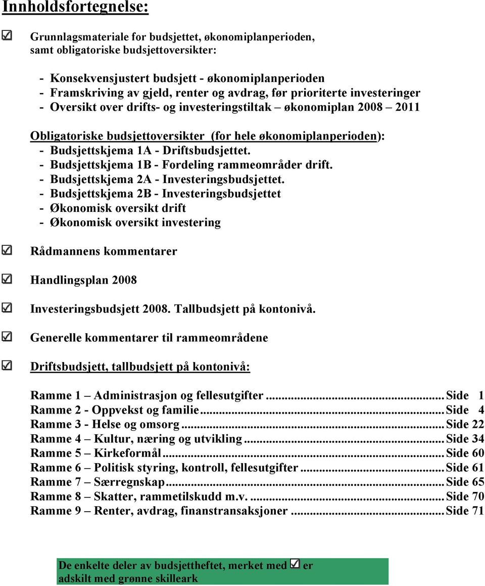 Driftsbudsjettet. - Budsjettskjema 1B - Fordeling rammeområder drift. - Budsjettskjema 2A - Investeringsbudsjettet.