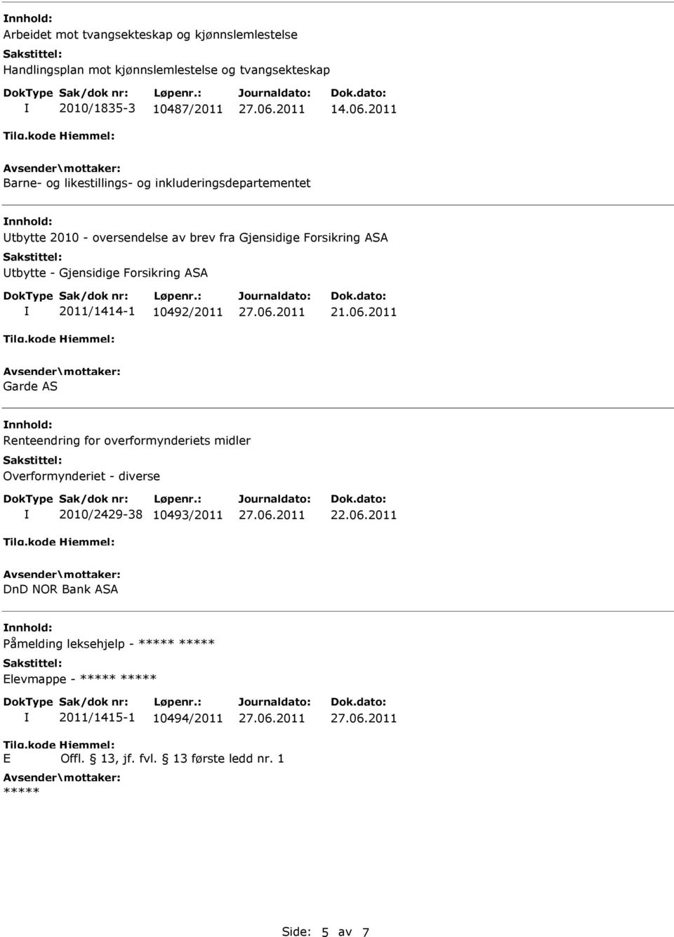 Utbytte - Gjensidige Forsikring ASA 2011/1414-1 10492/2011 21.06.