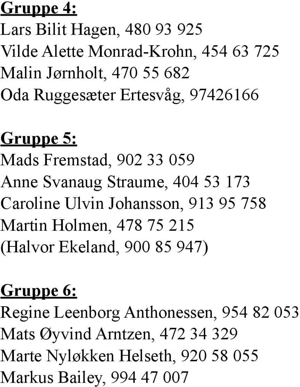 Ulvin Johansson, 913 95 758 Martin Holmen, 478 75 215 (Halvor Ekeland, 900 85 947) Gruppe 6: Regine Leenborg