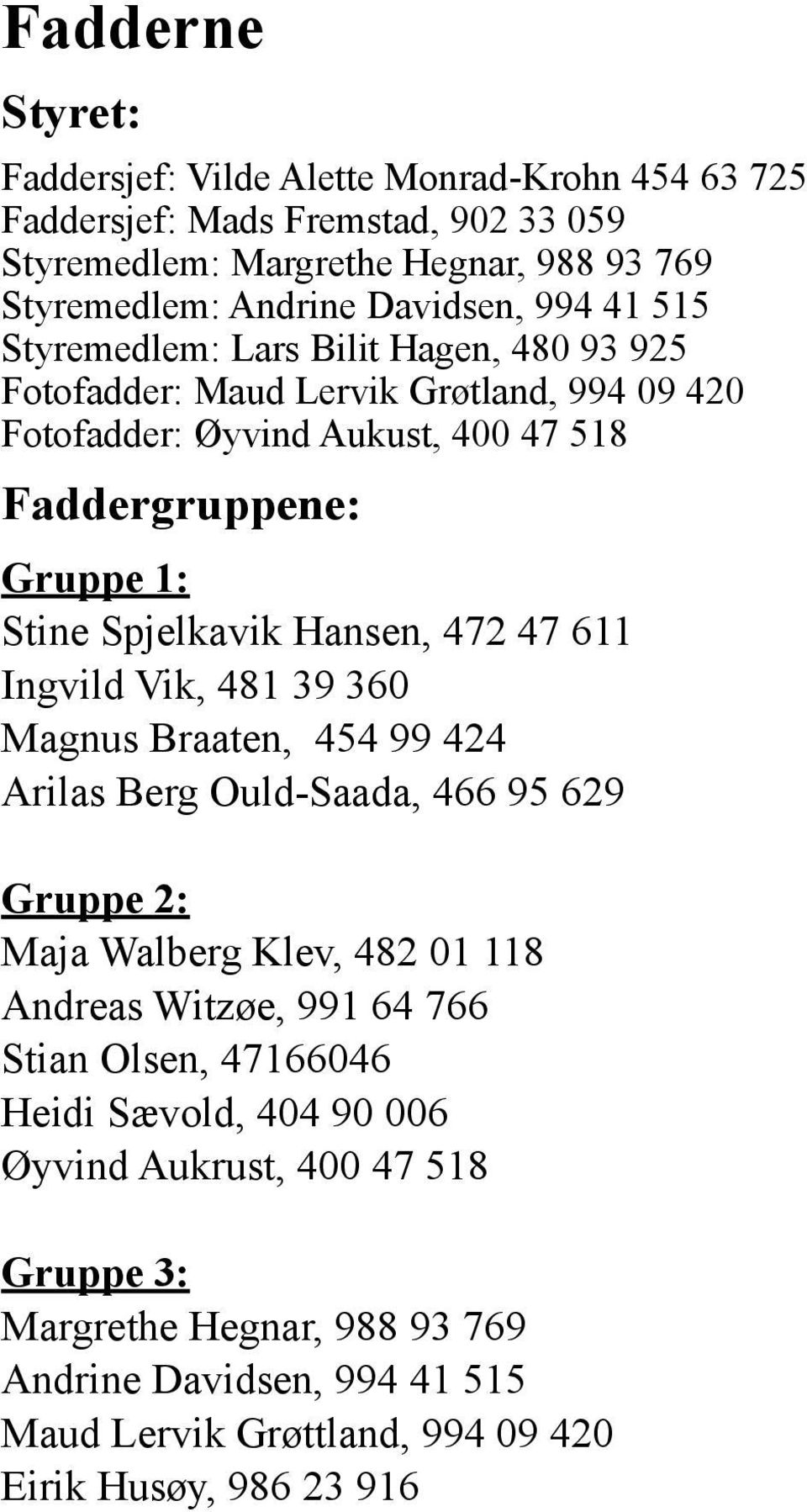 Hansen, 472 47 611 Ingvild Vik, 481 39 360 Magnus Braaten, 454 99 424 Arilas Berg Ould-Saada, 466 95 629 Gruppe 2: Maja Walberg Klev, 482 01 118 Andreas Witzøe, 991 64 766 Stian