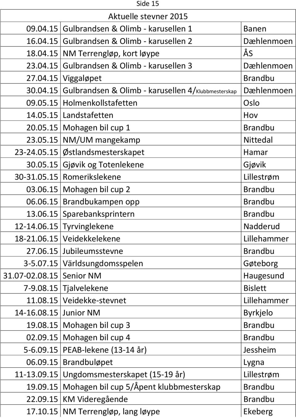 05.15 Østlandsmesterskapet Hamar 30.05.15 Gjøvik og Totenlekene Gjøvik 30-31.05.15 Romerikslekene Lillestrøm 03.06.15 Mohagen bil cup 2 Brandbu 06.06.15 Brandbukampen opp Brandbu 13.06.15 Sparebanksprintern Brandbu 12-14.