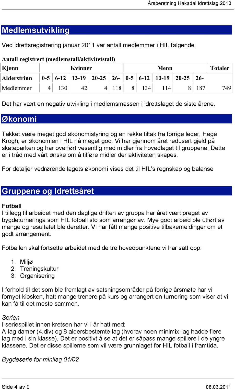 negativ utvikling i medlemsmassen i idrettslaget de siste årene. Økonomi Takket være meget god økonomistyring og en rekke tiltak fra forrige leder, Hege Krogh, er økonomien i HIL nå meget god.