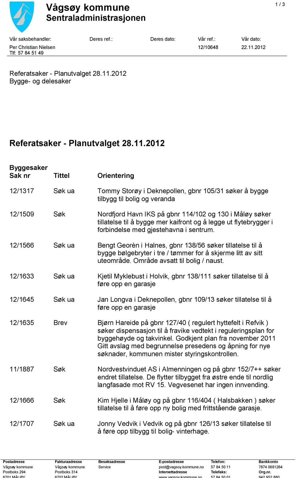 2012 Bygge- og delesaker Referatsaker - Planutvalget 28.11.