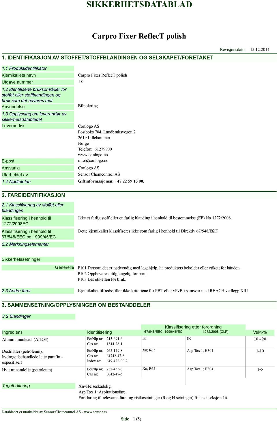 3 Opplysning om leverandør av sikkerhetsdatabladet Leverandør E-post Ansvarlig Utarbeidet av Bilpolering Conlogo AS Postboks 704, Landbruksvegen 2 2619 Lillehammer Norge Telefon: 61279900 www.conlogo.