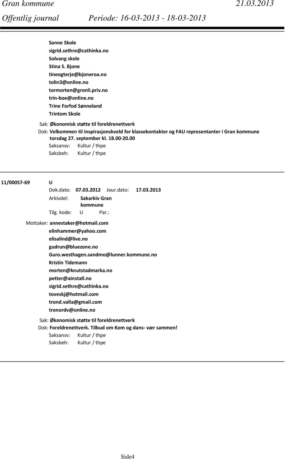 00 20.00 Saksansv: Kultur / thpe Saksbeh: Kultur / thpe 11/00057 69 U Dok.dato: 07.03.2012 Jour.dato: 17.03.2013 Mottaker: annestaker@hotmail.com elinhammer@yahoo.com elisalind@live.