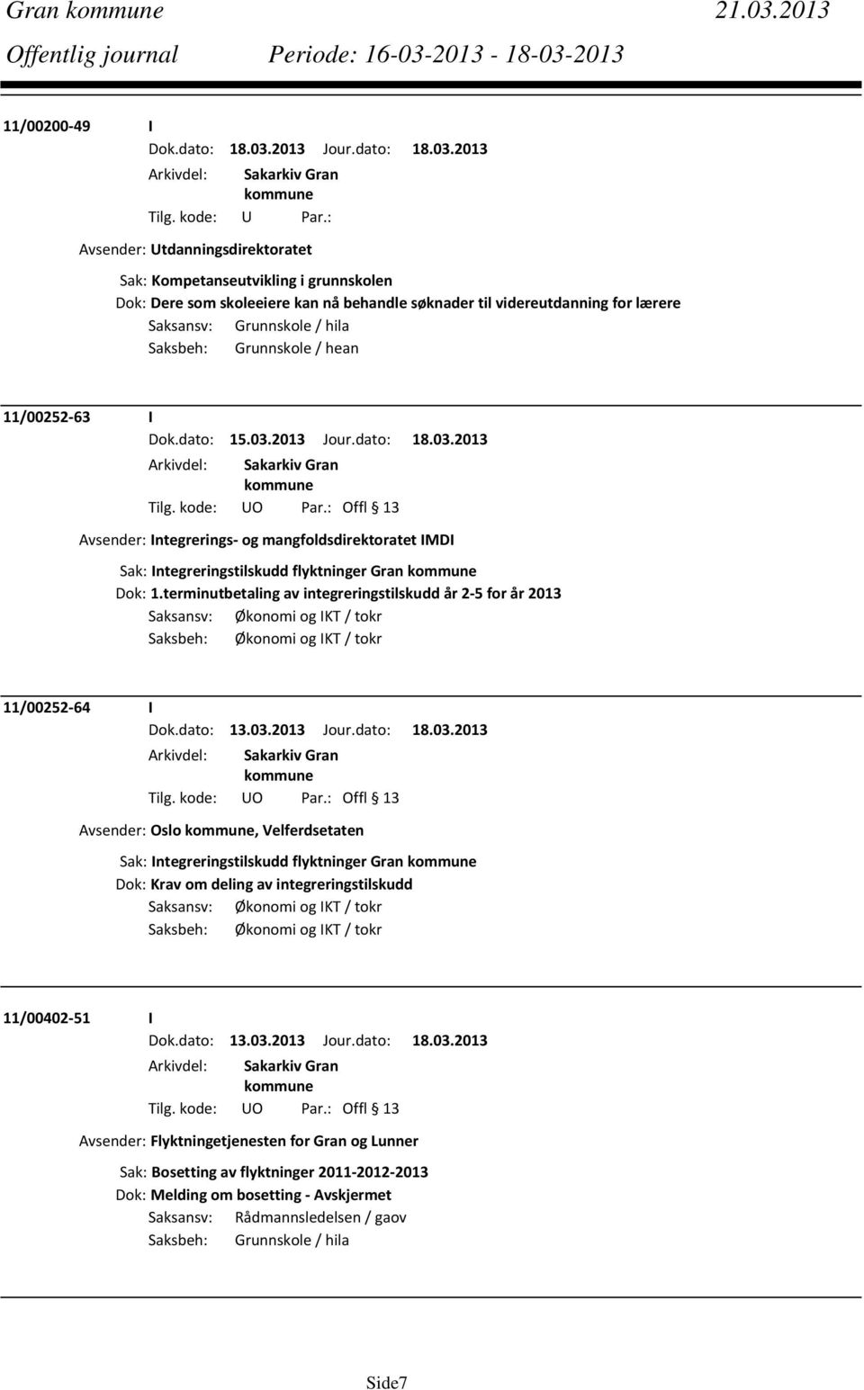 Saksbeh: Grunnskole / hean 11/00252 63 I Dok.dato: 15.03.2013 Jour.dato: 18.03.2013 Avsender: Integrerings og mangfoldsdirektoratet IMDI Sak: Integreringstilskudd flyktninger Gran Dok: 1.