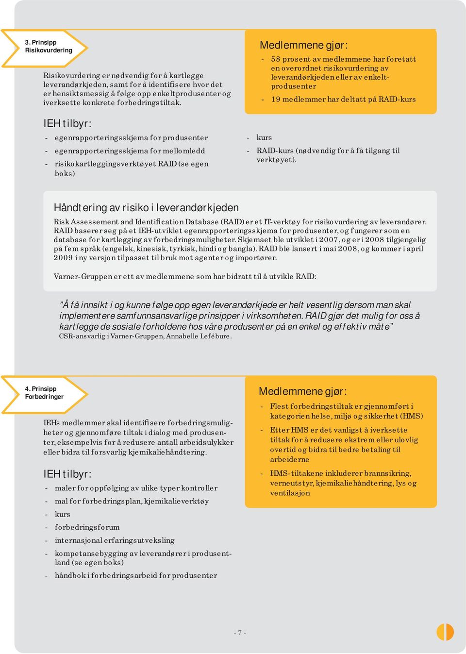 - egenrapporteringsskjema for produsenter - egenrapporteringsskjema for mellomledd - risikokartleggingsverktøyet RAID (se egen boks) - 58 prosent av medlemmene har foretatt en overordnet