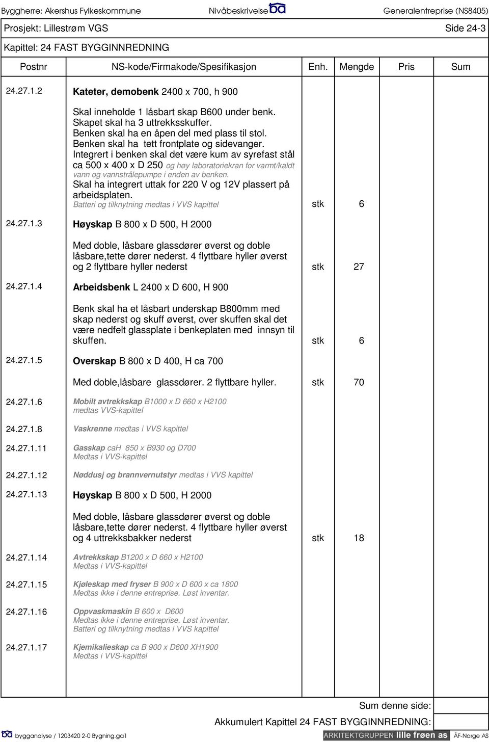 Integrert i benken skal det være kum av syrefast stål ca 500 x 400 x D 250 og høy laboratoriekran for varmt/kaldt vann og vannstrålepumpe i enden av benken.