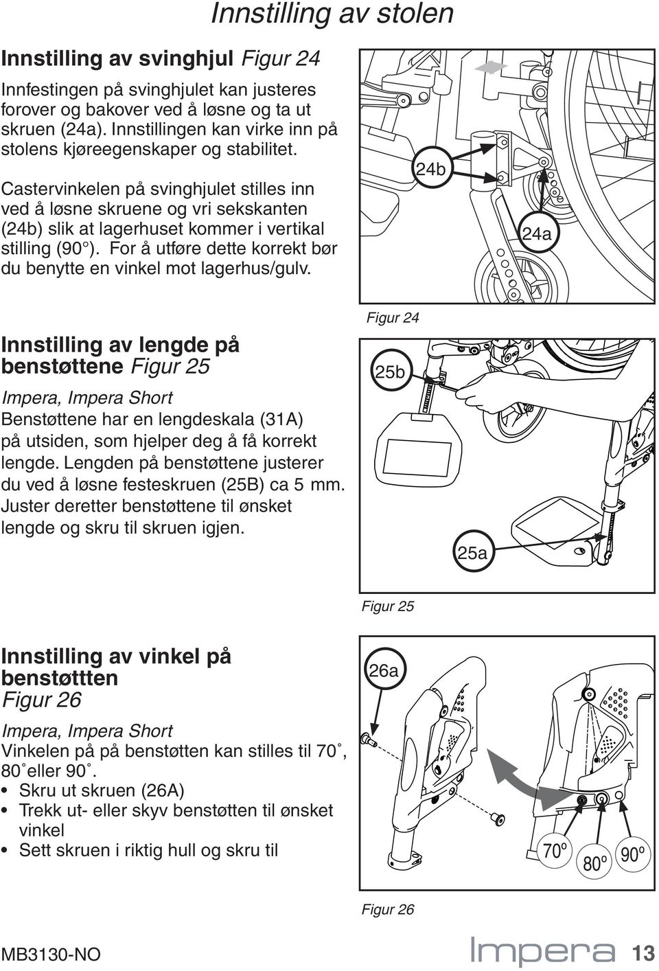 Castervinkelen på svinghjulet stilles inn ved å løsne skruene og vri sekskanten (24b) slik at lagerhuset kommer i vertikal stilling (90 ).