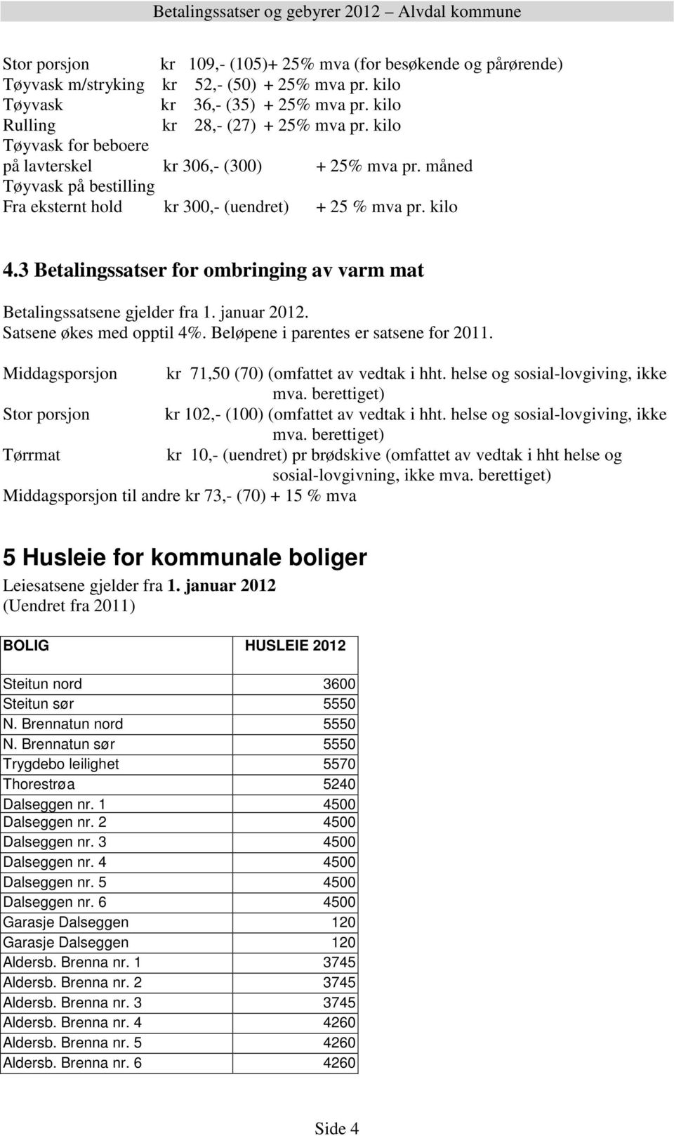 3 Betalingssatser for ombringing av varm mat Satsene økes med opptil 4%. Beløpene i parentes er satsene for 2011. Middagsporsjon kr 71,50 (70) (omfattet av vedtak i hht.