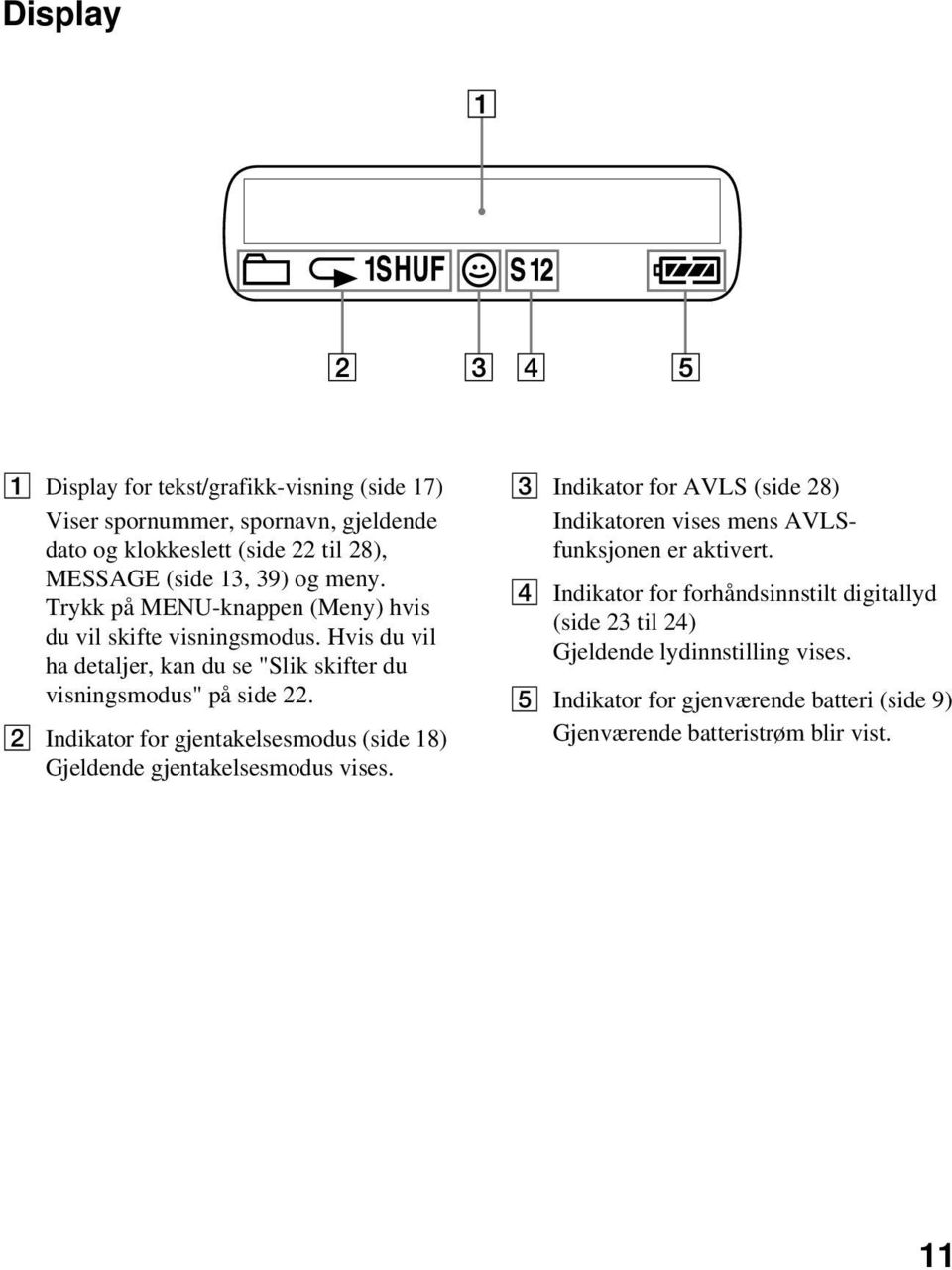 2 Indikator for gjentakelsesmodus (side 18) Gjeldende gjentakelsesmodus vises.