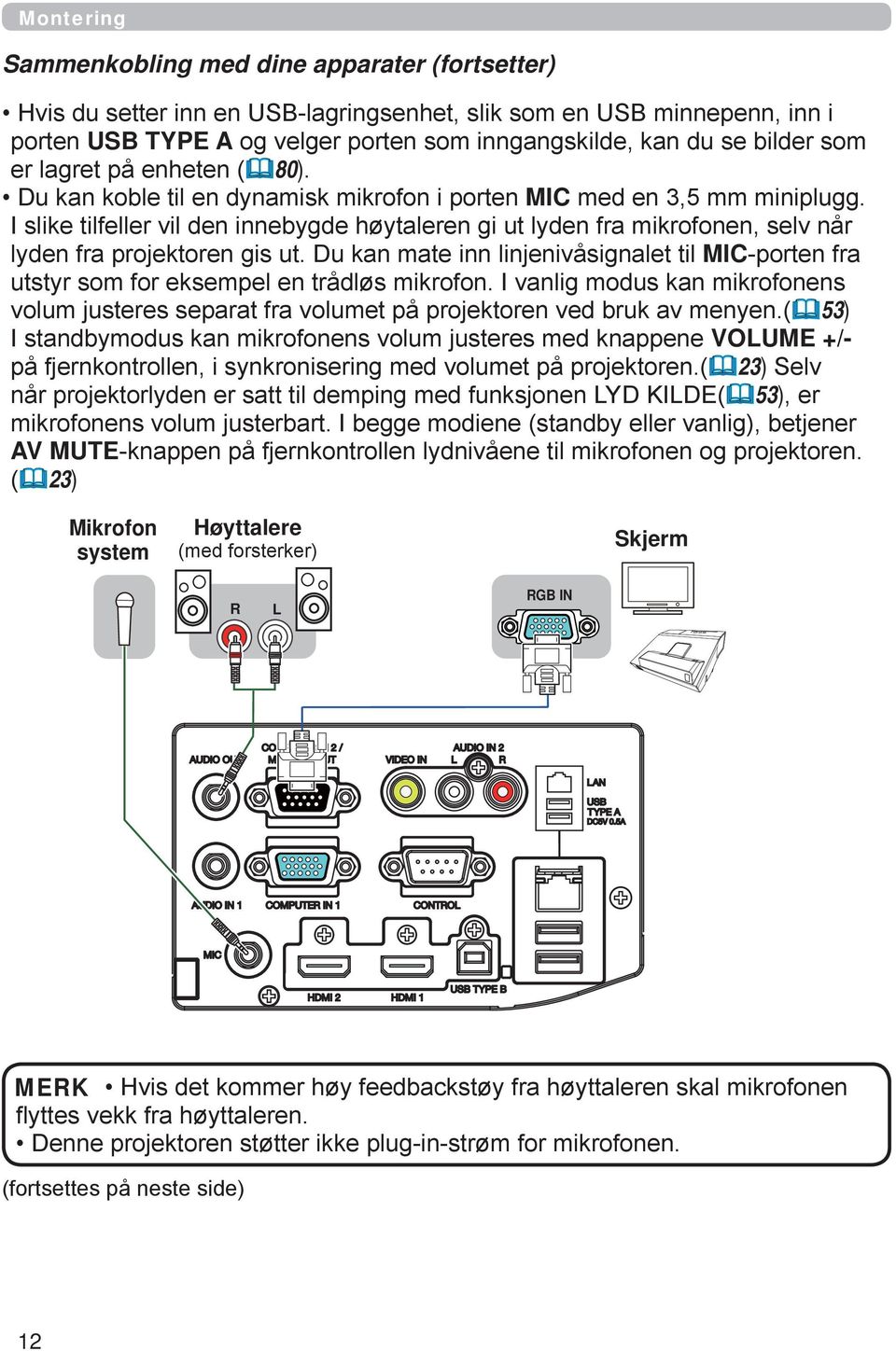 I slike tilfeller vil den innebygde høytaleren gi ut lyden fra mikrofonen, selv når lyden fra projektoren gis ut.