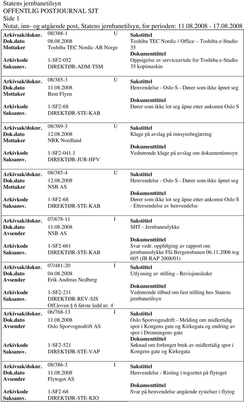 08/385-3 U Sakstittel Henvendelse - Oslo S - Dører som ikke åpnet seg Mottaker Bent Flyen Dører som ikke lot seg åpne etter ankomst Oslo S Arkivsak/doknr.