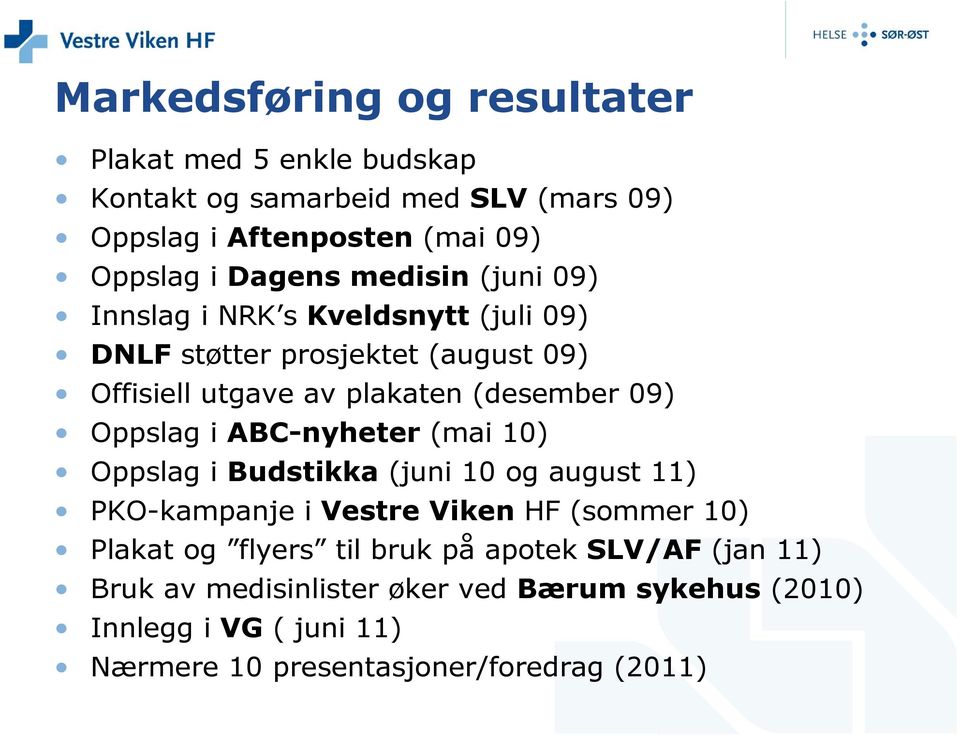 Oppslag i ABC-nyheter (mai 10) Oppslag i Budstikka (juni 10 og august 11) PKO-kampanje i Vestre Viken HF (sommer 10) Plakat og flyers til
