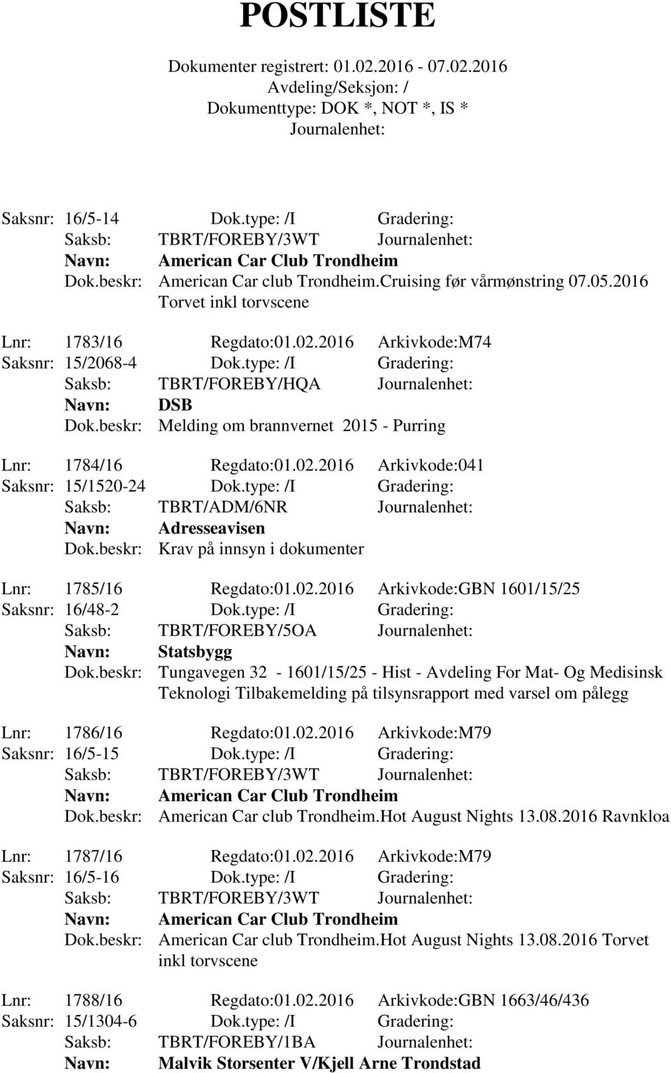 beskr: Melding om brannvernet 2015 - Purring Lnr: 1784/16 Regdato:01.02.2016 Arkivkode:041 Saksnr: 15/1520-24 Dok.type: /I Gradering: Saksb: TBRT/ADM/6NR Adresseavisen Dok.