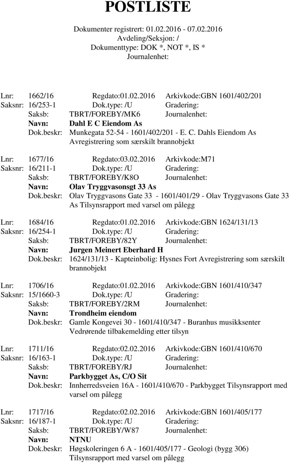 type: /U Gradering: Saksb: TBRT/FOREBY/K8O Olav Tryggvasonsgt 33 As Dok.