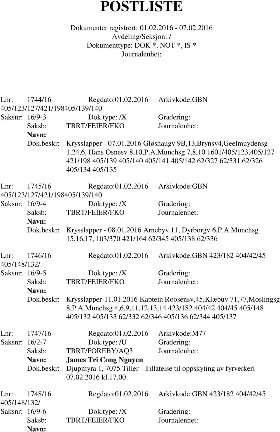 2016 Arkivkode:GBN 405/123/127/421/198405/139/140 Saksnr: 16/9-4 Dok.type: /X Gradering: Saksb: TBRT/FEIER/FKO Dok.beskr: Krysslapper - 08.01.2016 Arnebyv 11, Dyrborgv 6,P.A.Munchsg 15,16,17, 103/370 421/164 62/345 405/138 62/336 Lnr: 1746/16 Regdato:01.