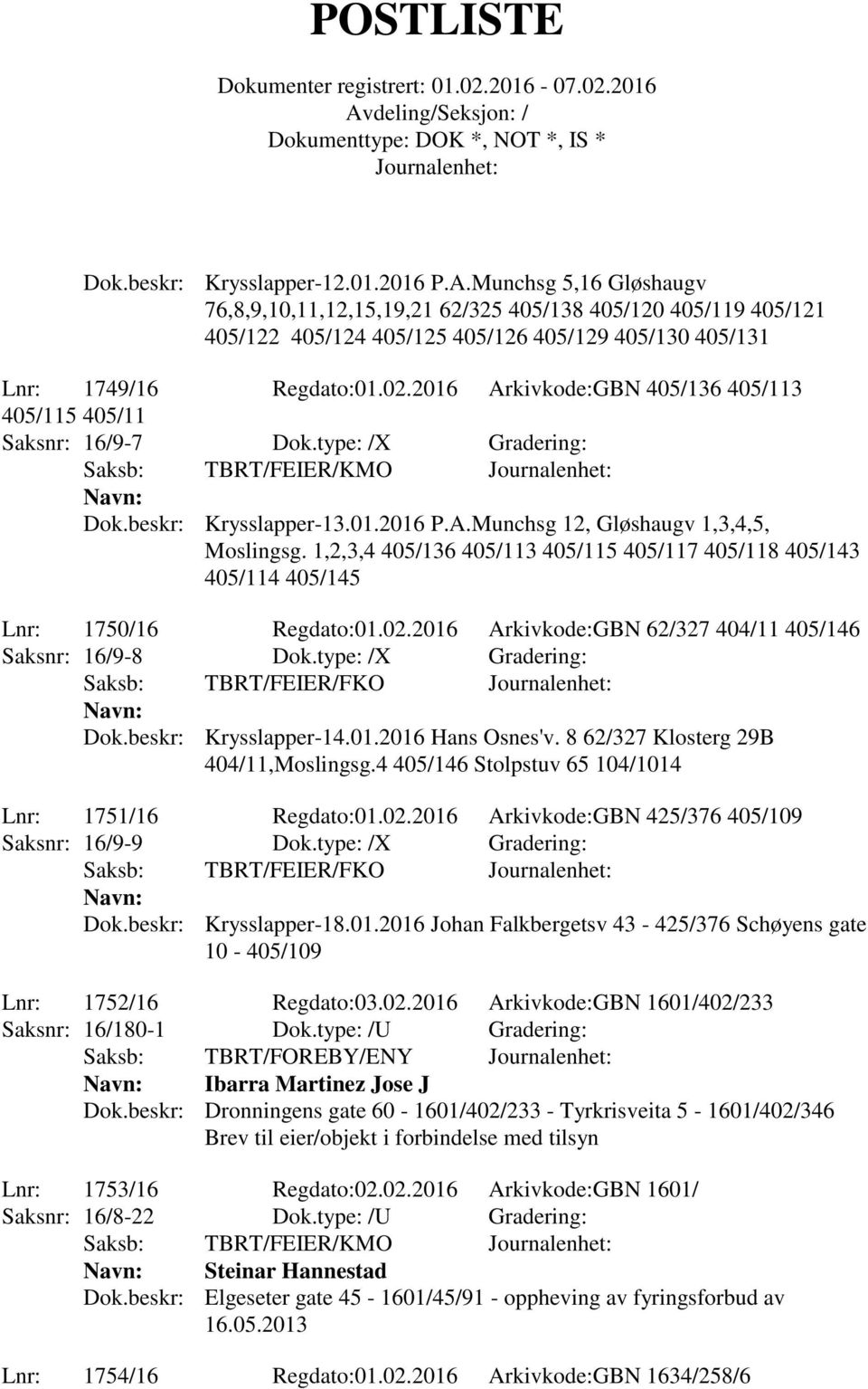 2016 Arkivkode:GBN 405/136 405/113 405/115 405/11 Saksnr: 16/9-7 Dok.type: /X Gradering: Saksb: TBRT/FEIER/KMO Dok.beskr: Krysslapper-13.01.2016 P.A.Munchsg 12, Gløshaugv 1,3,4,5, Moslingsg.
