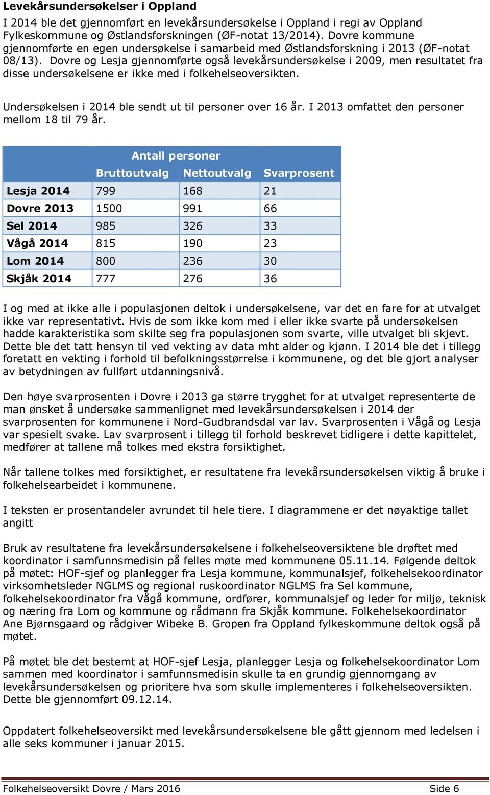 Dovre og Lesja gjennomførte også levekårsundersøkelse i 2009, men resultatet fra disse undersøkelsene er ikke med i folkehelseoversikten. Undersøkelsen i 2014 ble sendt ut til personer over 16 år.