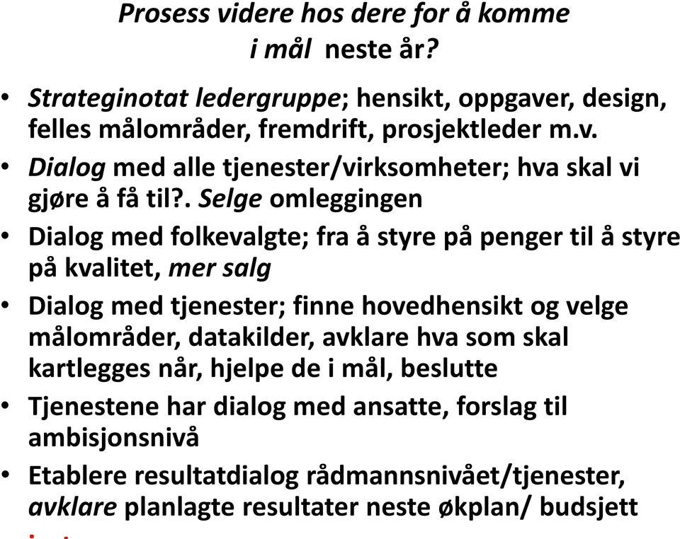 målområder, datakilder, avklare hva som skal kartlegges når, hjelpe de i mål, beslutte Tjenestene har dialog med ansatte, forslag til ambisjonsnivå