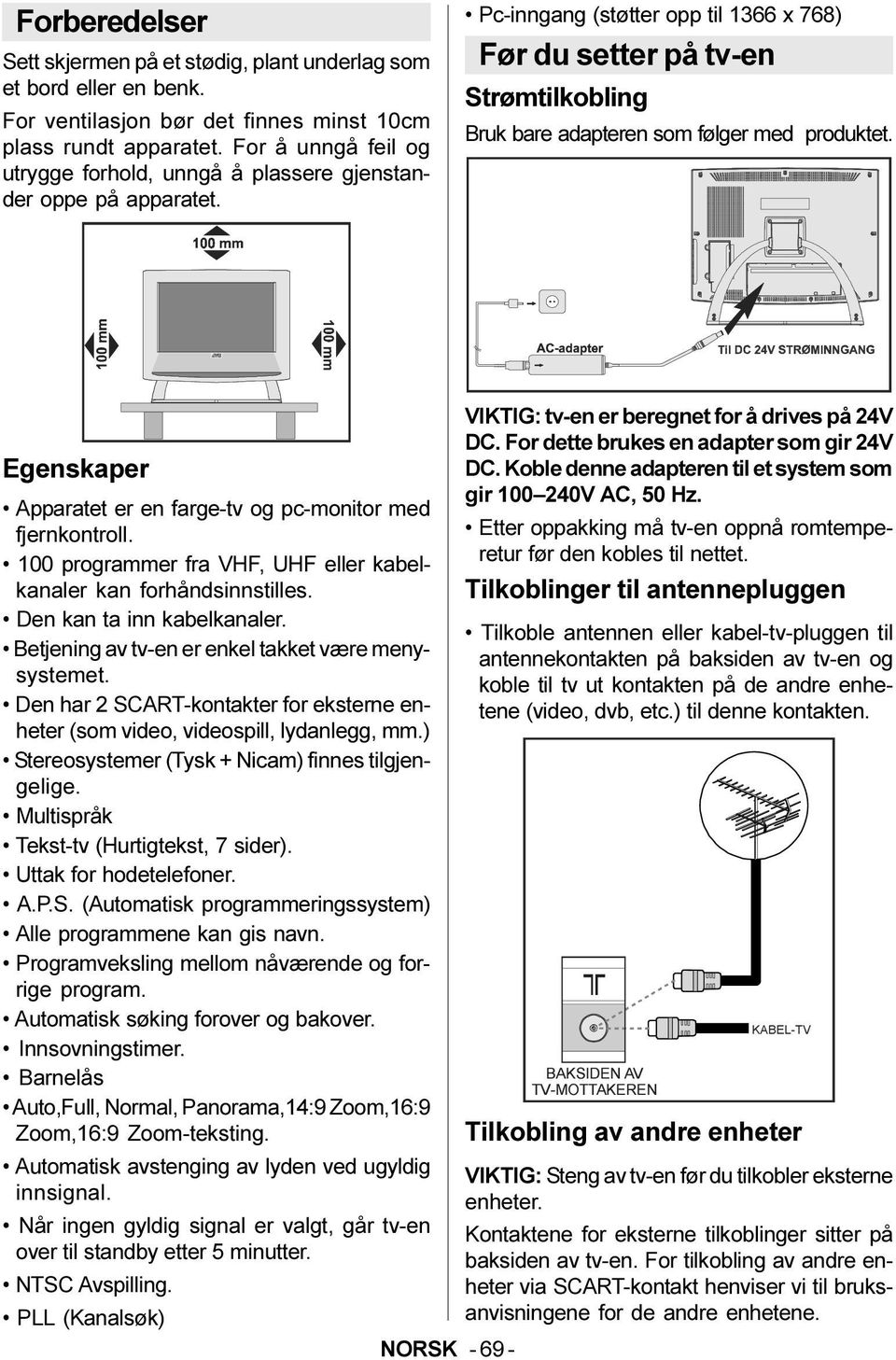 Pc-inngang (støtter opp til 1366 x 768) Før du setter på tv-en Strømtilkobling Bruk bare adapteren som følger med produktet. VIKTIG: tv-en er beregnet for å drives på 24V DC.