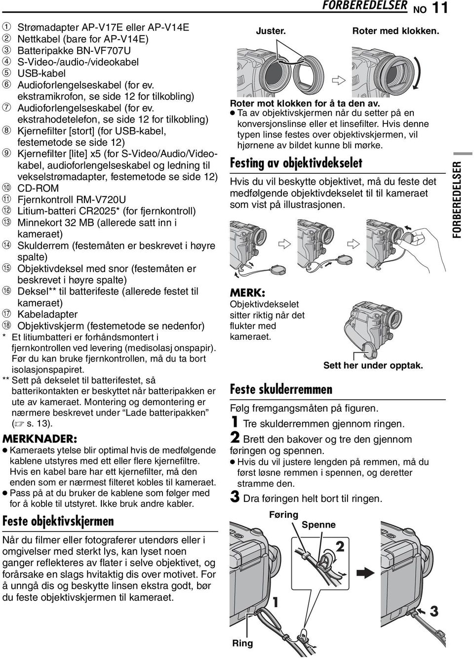 ekstrahodetelefon, se side 12 for tilkobling) h Kjernefilter [stort] (for USB-kabel, festemetode se side 12) i Kjernefilter [lite] x5 (for S-Video/Audio/Videokabel, audioforlengelseskabel og ledning