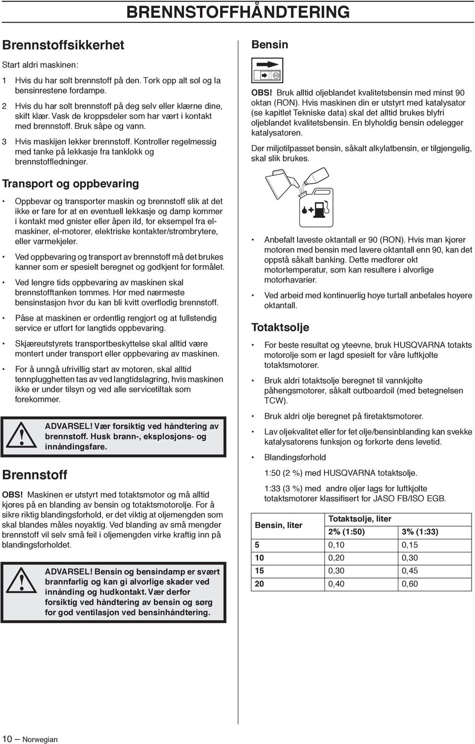 Kontroller regelmessig med tanke på lekkasje fra tanklokk og brennstoffledninger. OBS Bruk alltid oljeblandet kvalitetsbensin med minst 90 oktan (RON).