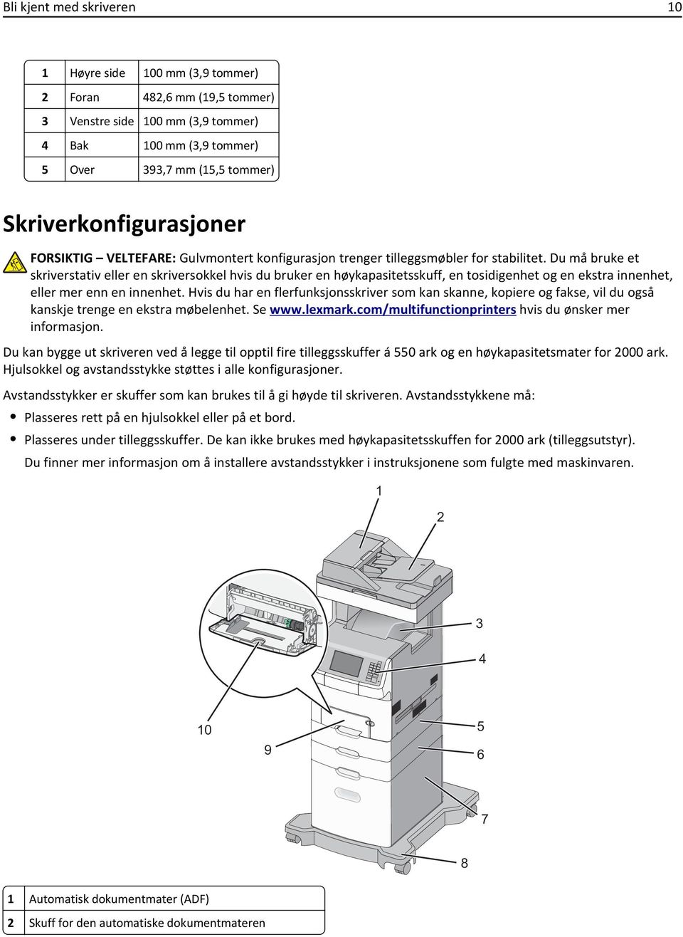 Du må bruke et skriverstativ eller en skriversokkel hvis du bruker en høykapasitetsskuff, en tosidigenhet og en ekstra innenhet, eller mer enn en innenhet.