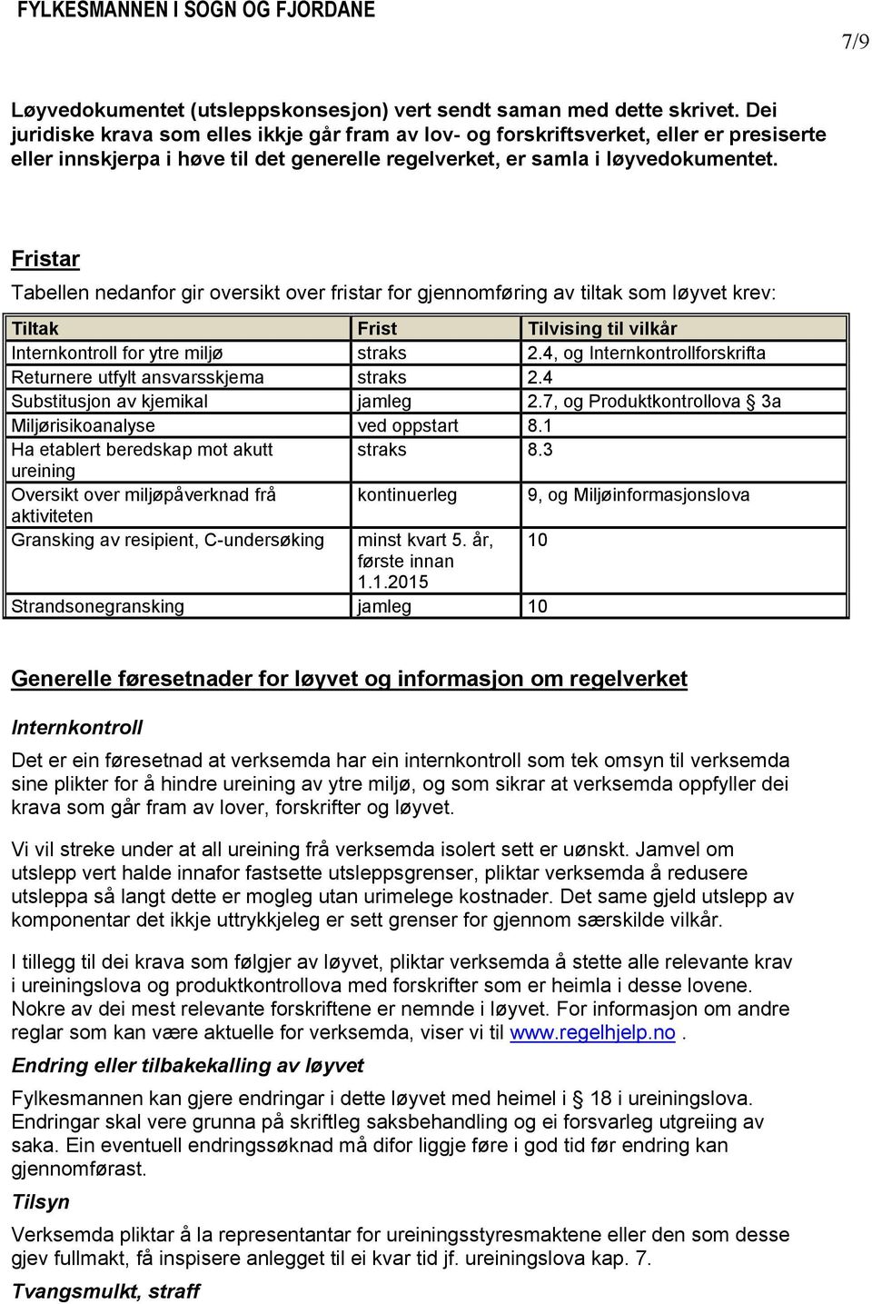 Fristar Tabellen nedanfor gir oversikt over fristar for gjennomføring av tiltak som løyvet krev: Tiltak Frist Tilvising til vilkår Internkontroll for ytre miljø straks 2.