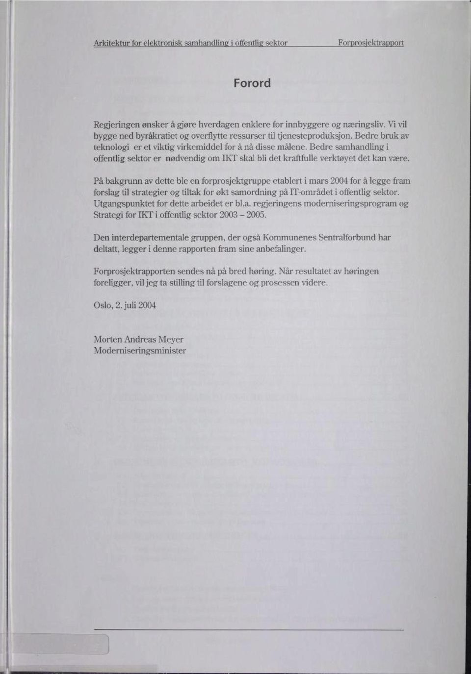 På bakgrunn av dette ble en forprosjektgruppe etablert i mars 2004 for å legge fram forslag til strategier og tiltak for økt samordning på IT-området i offentlig sektor.