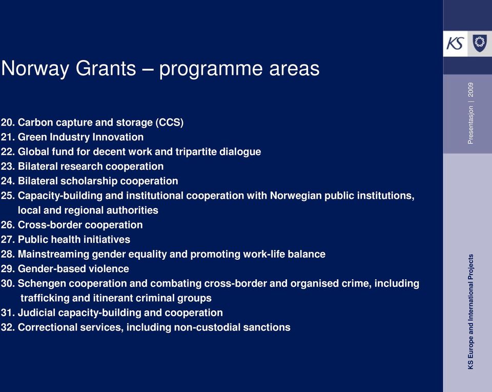 Capacity-building and institutional cooperation with Norwegian public institutions, local and regional authorities 26. Cross-border cooperation 27. Public health initiatives 28.