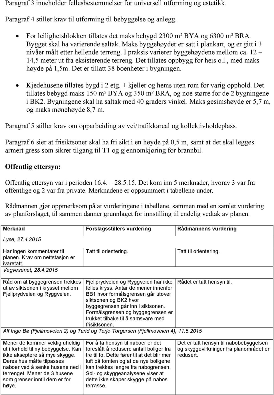 I praksis varierer byggehøydene mellom ca. 12 14,5 meter ut fra eksisterende terreng. Det tillates oppbygg for heis o.l., med maks høyde på 1,5m. Det er tillatt 38 boenheter i bygningen.