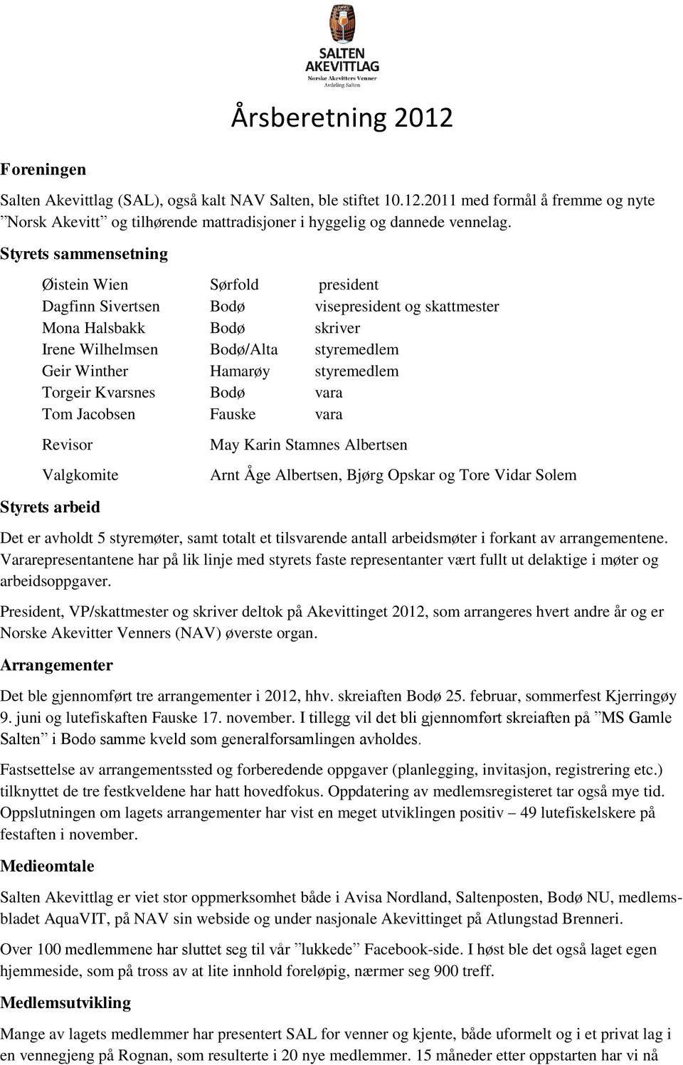 styremedlem Torgeir Kvarsnes Bodø vara Tom Jacobsen Fauske vara Revisor Valgkomite Styrets arbeid May Karin Stamnes Albertsen Arnt Åge Albertsen, Bjørg Opskar og Tore Vidar Solem Det er avholdt 5