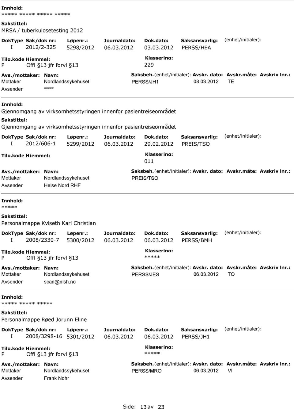 02.2012 RES/TSO 011 Avs./mottaker: Navn: Saksbeh. Avskr. dato: Avskr.måte: Avskriv lnr.: RES/TSO Helse Nord RHF ersonalmappe Kviseth Karl Christian 2008/2330-7 5300/2012 ERSS/BMH Avs.