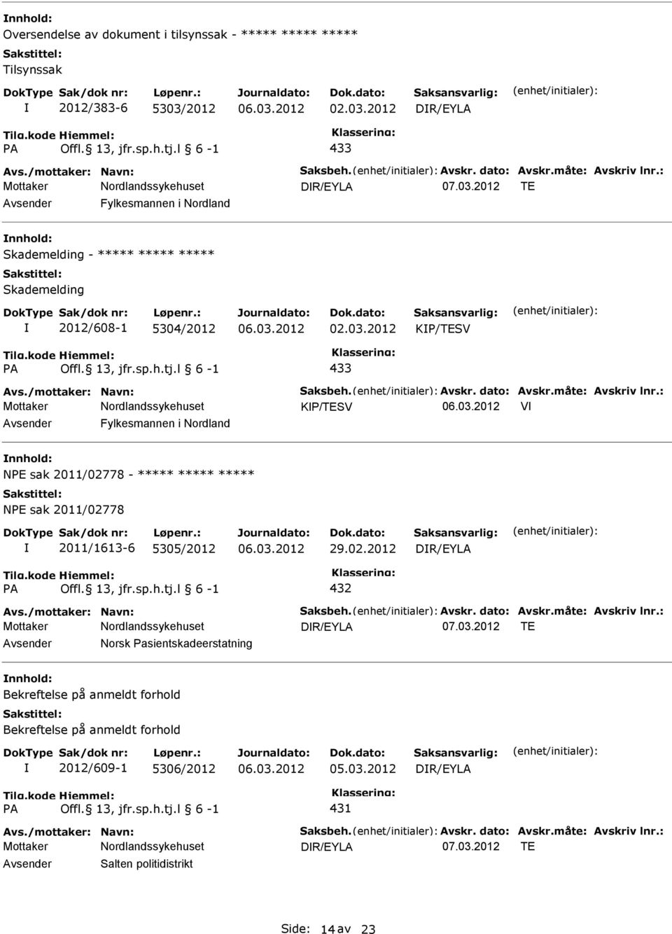 13, jfr.sp.h.tj.l 6-1 432 Avs./mottaker: Navn: Saksbeh. Avskr. dato: Avskr.måte: Avskriv lnr.: DR/EYLA 07.03.