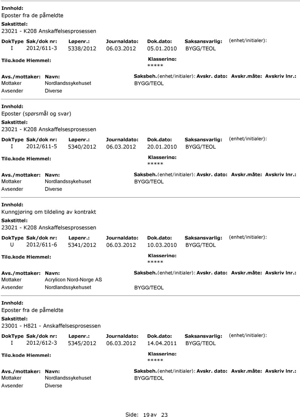 : Diverse Kunngjøring om tildeling av kontrakt 23021 - K208 Anskaffelsesprosessen 2012/611-6 5341/2012 10.03.2010 Avs./mottaker: Navn: Saksbeh. Avskr. dato: Avskr.måte: Avskriv lnr.