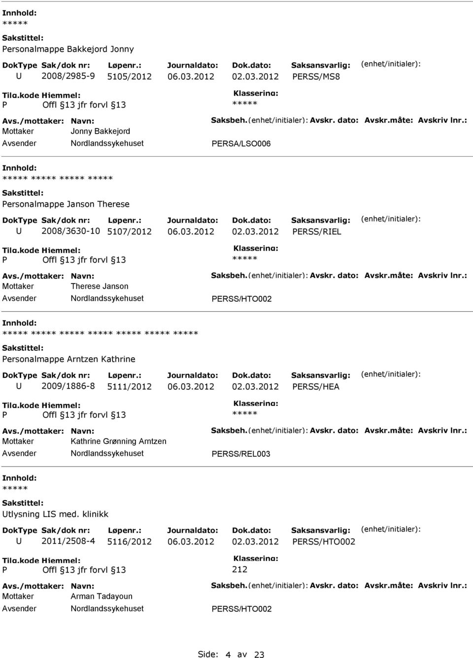 : Mottaker Therese Janson ERSS/HTO002 ersonalmappe Arntzen Kathrine 2009/1886-8 5111/2012 ERSS/HEA Avs./mottaker: Navn: Saksbeh. Avskr. dato: Avskr.måte: Avskriv lnr.