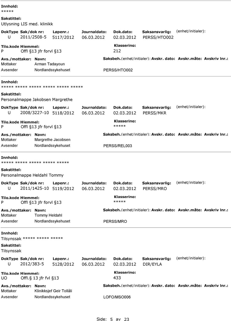 : Mottaker Margrethe Jacobsen ERSS/REL003 ersonalmappe Heldahl Tommy 2011/1425-10 5119/2012 ERSS/MRO Avs./mottaker: Navn: Saksbeh. Avskr. dato: Avskr.måte: Avskriv lnr.