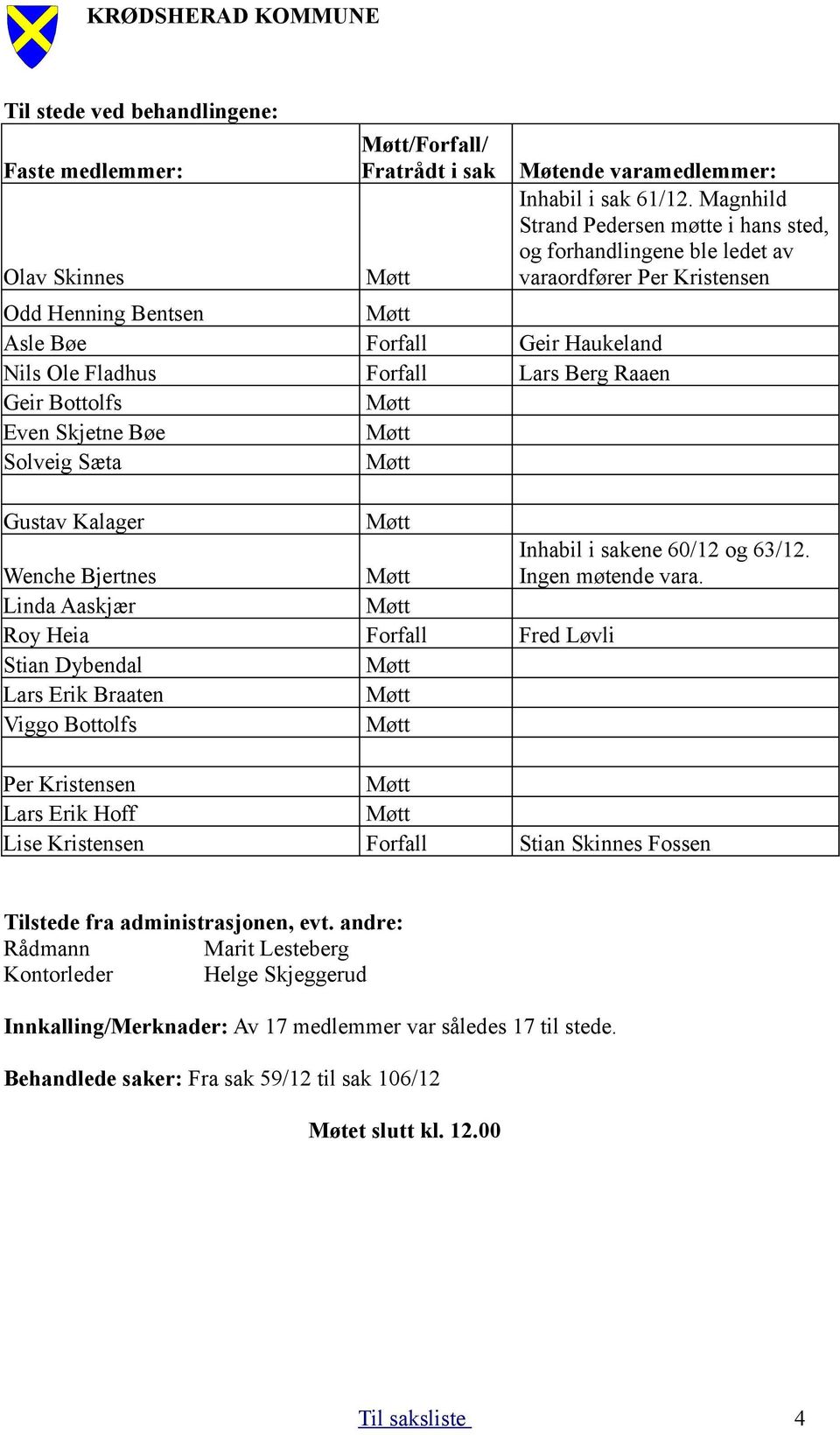 Raaen Geir Bottolfs Møtt Even Skjetne Bøe Møtt Solveig Sæta Møtt Gustav Kalager Møtt Wenche Bjertnes Møtt Inhabil i sakene 60/12 og 63/12. Ingen møtende vara.