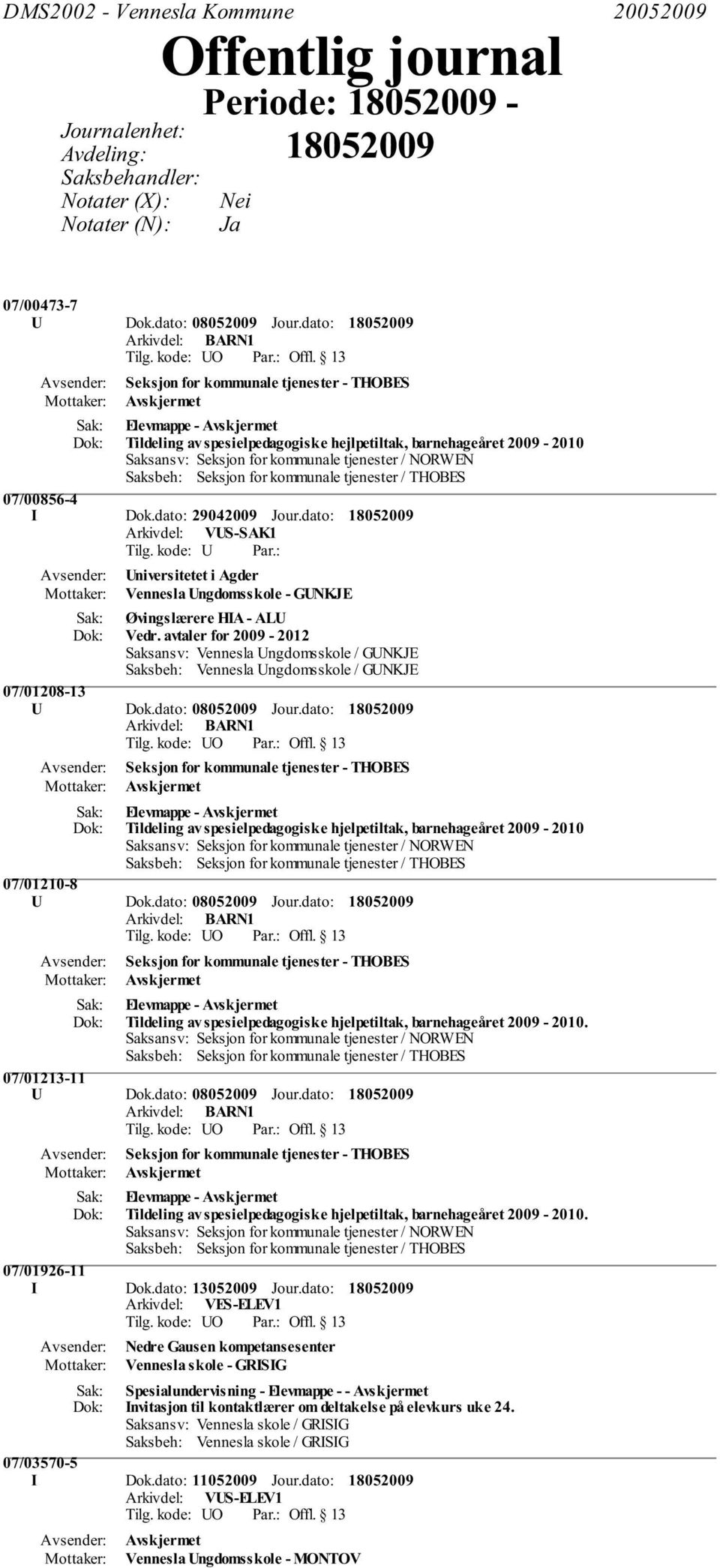 dato: 29042009 Arkivdel: VUS-SAK1 Universitetet i Agder Vennesla Ungdomsskole - GUNKJE Øvingslærere HIA - ALU Vedr.