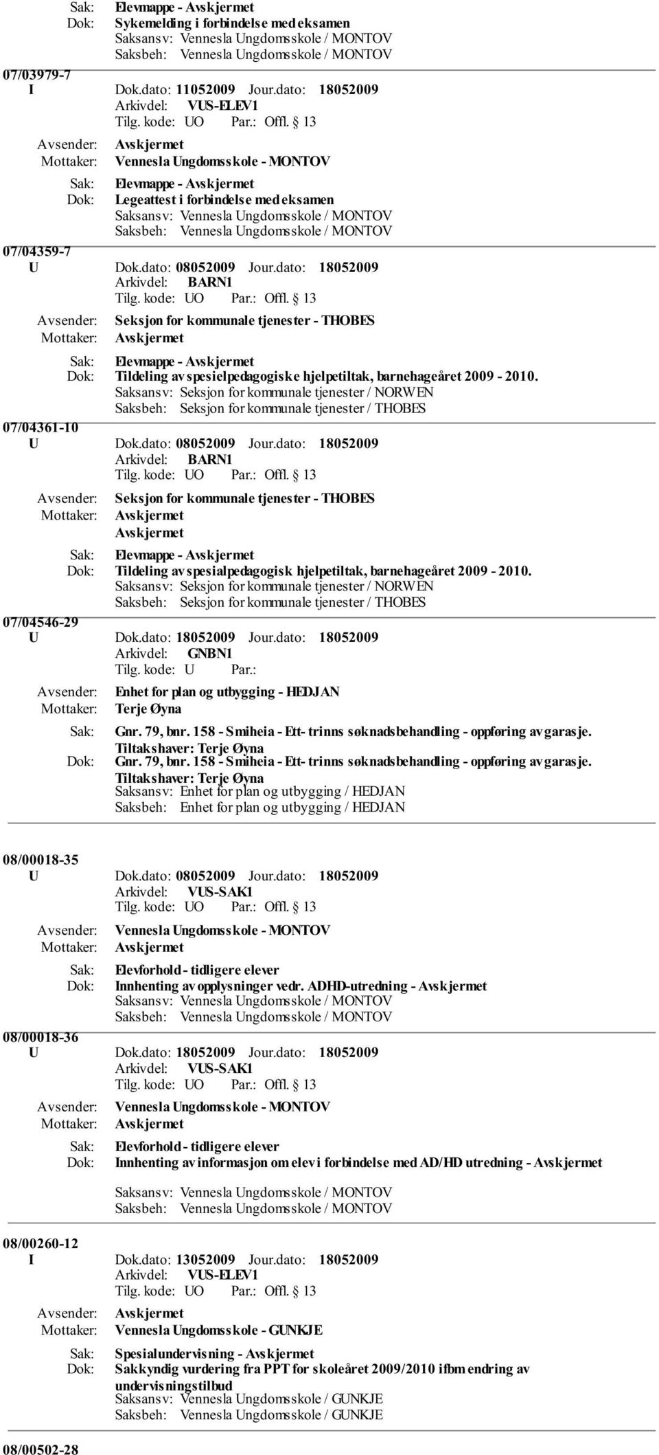 Dok.dato: 08052009 Tildeling av spesielpedagogiske hjelpetiltak, barnehageåret 2009-2010. 07/04361-10 U Dok.dato: 08052009 Tildeling av spesialpedagogisk hjelpetiltak, barnehageåret 2009-2010.