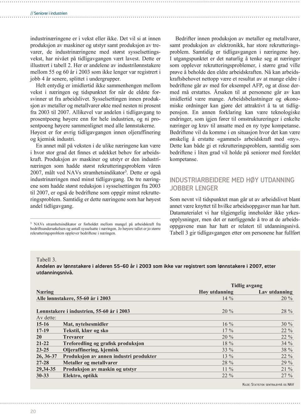 Dette er illustrert i tabell 2. Her er andelene av industrilønnstakere mellom 55 og 60 år i 2003 som ikke lenger var registrert i jobb 4 år senere, splittet i undergrupper.