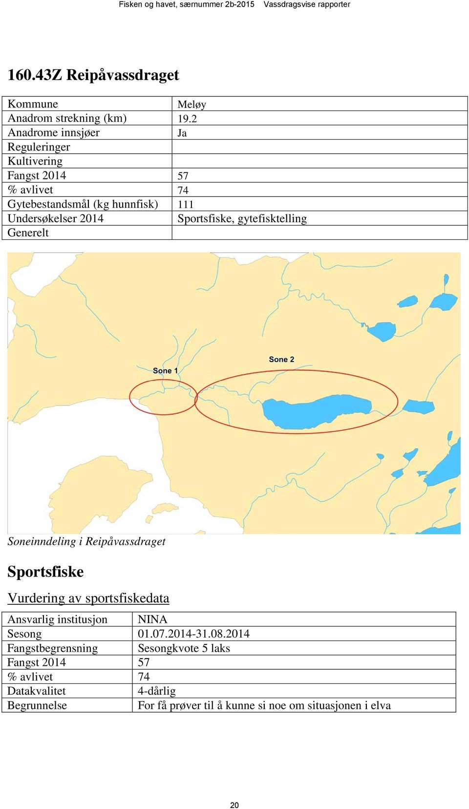 Undersøkelser 2014, gytefisktelling Generelt Soneinndeling i Reipåvassdraget Vurdering av sportsfiskedata Ansvarlig