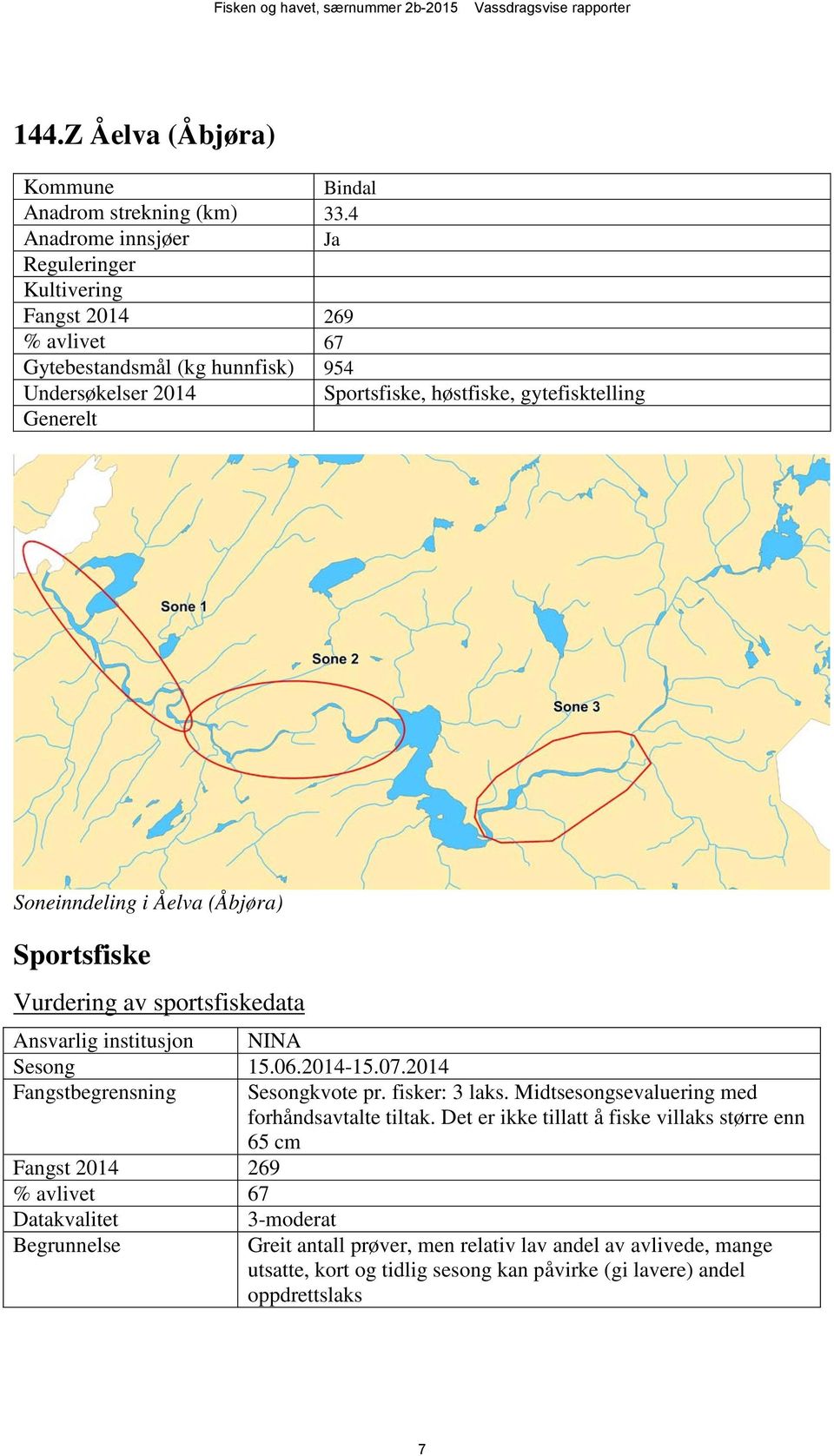 Soneinndeling i Åelva (Åbjøra) Vurdering av sportsfiskedata Ansvarlig institusjon NINA Sesong 15.06.2014-15.07.2014 Fangstbegrensning Sesongkvote pr. fisker: 3 laks.